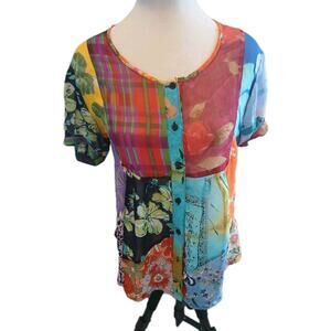 Sacred Threads Boho Patchwork Floral Tunic Top Small Rayon Festival Hippie Style